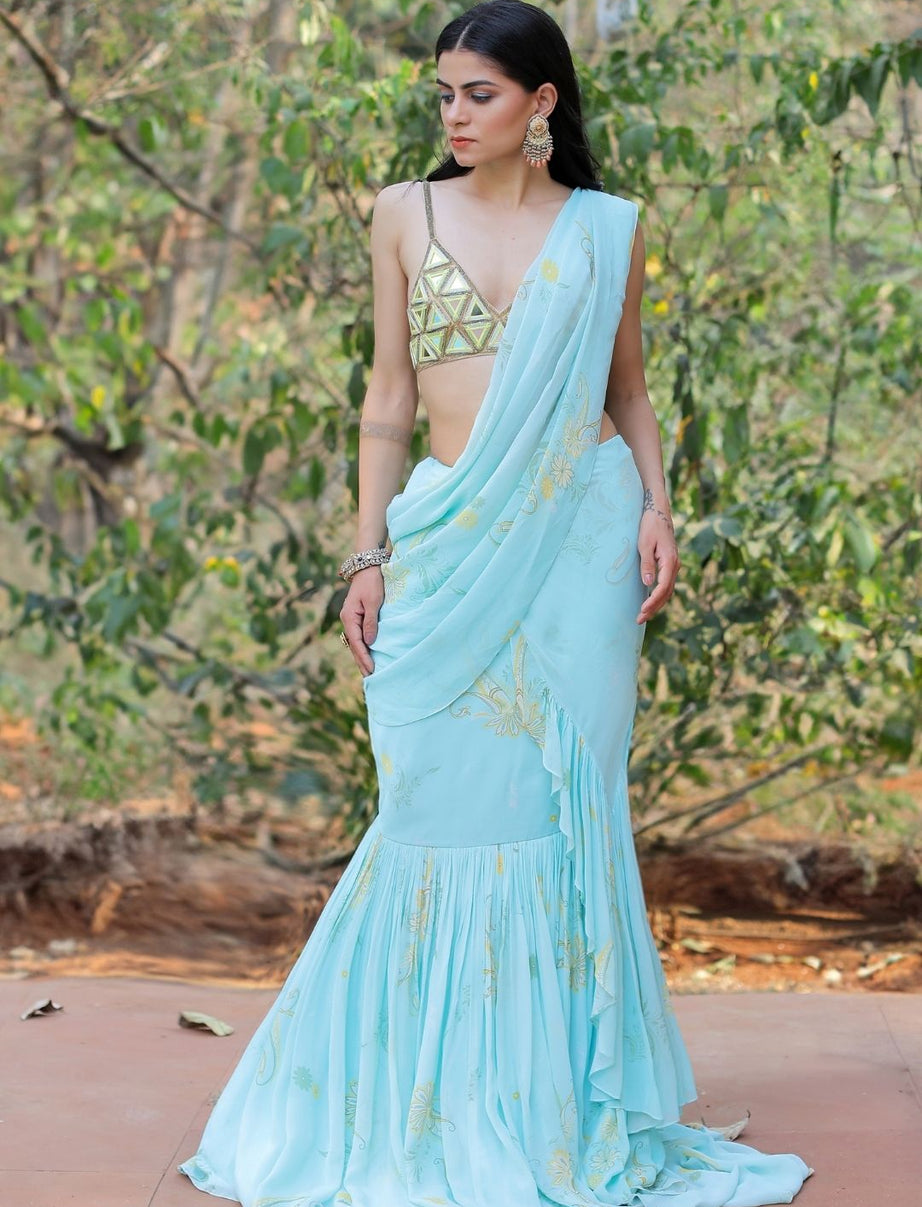 Blue Printed Ruffle Saree Set