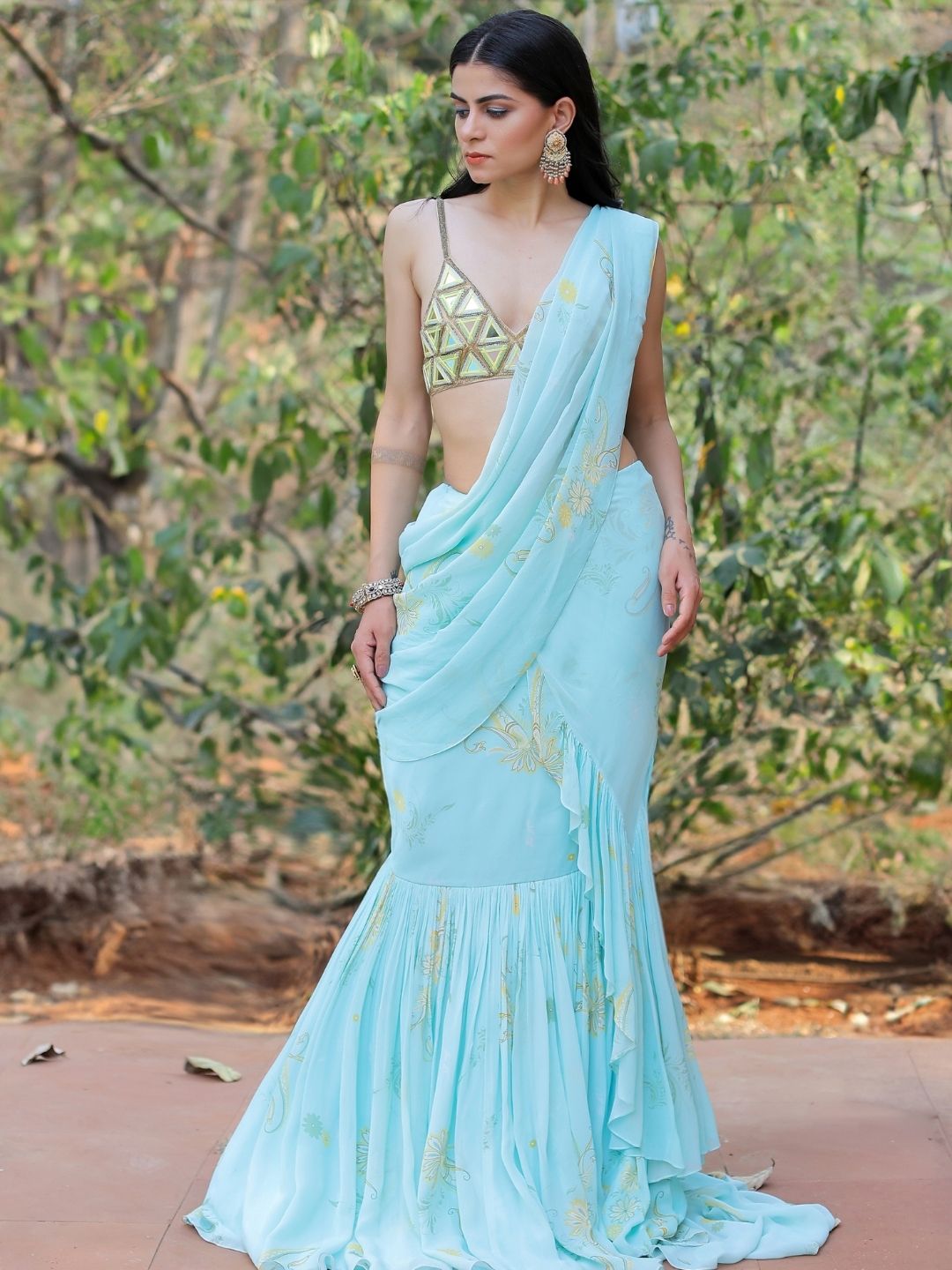 Blue Printed Ruffle Saree Set
