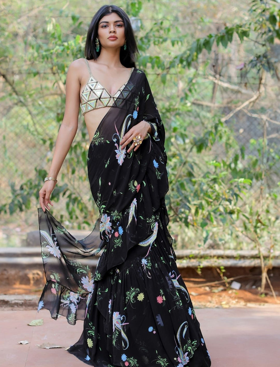 Black Printed Ruffle Saree Set