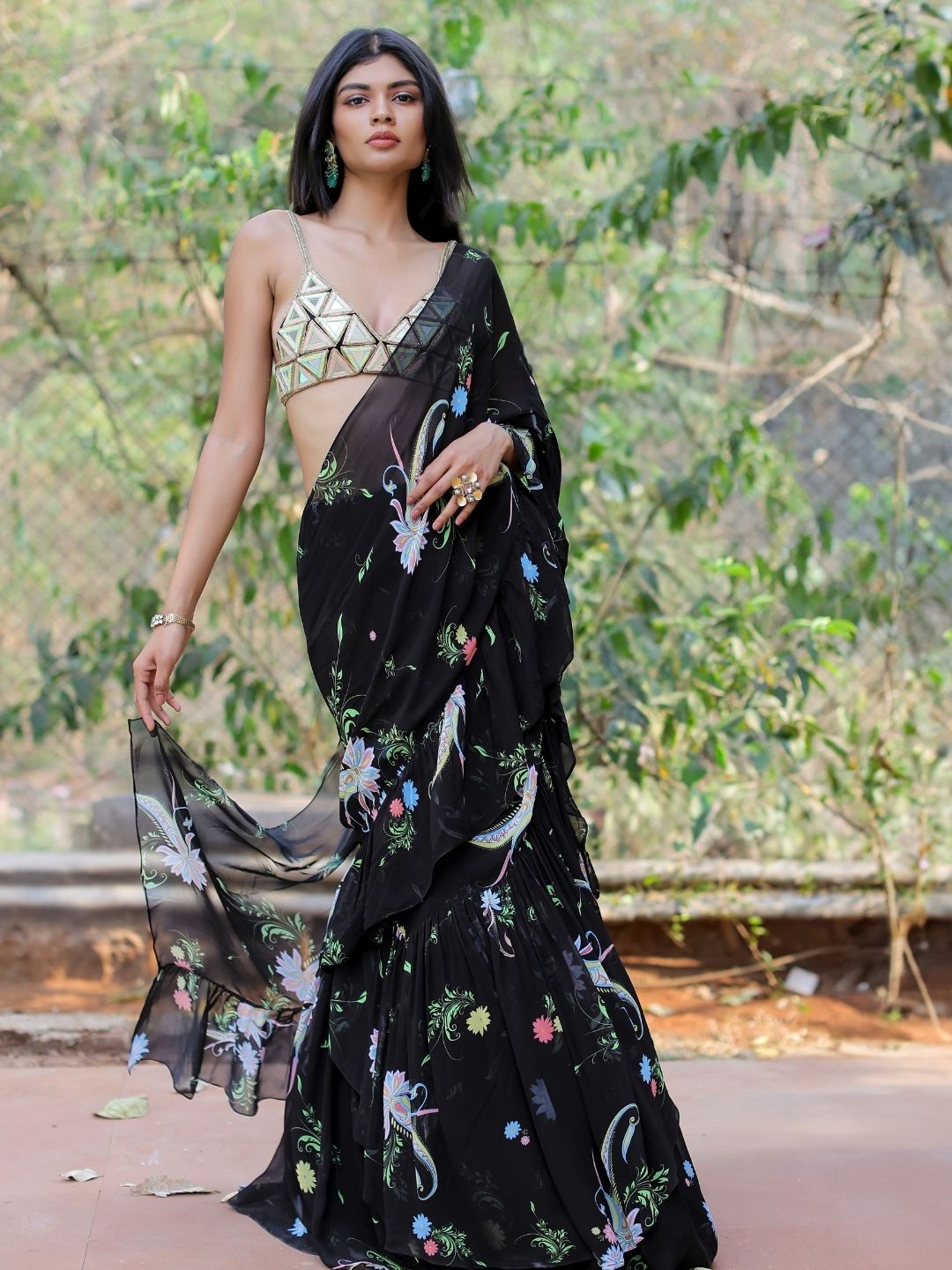 Black Printed Ruffle Saree Set