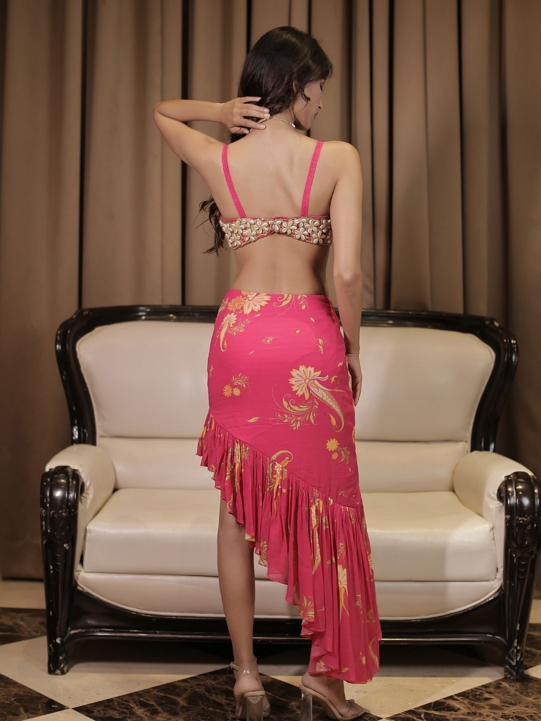 Pink Cowrie Embroidered Bralette Skirt Set