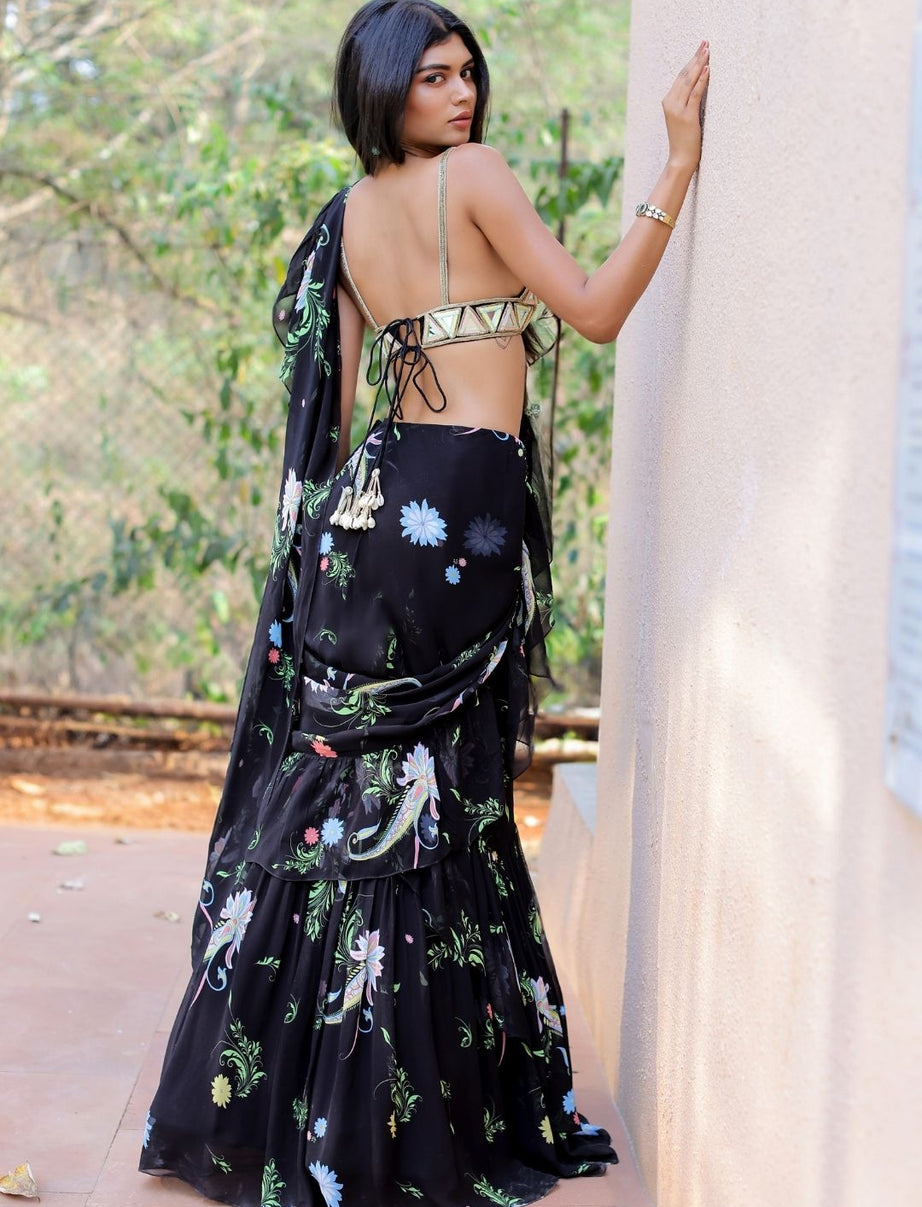 Black Printed Ruffle Saree Set