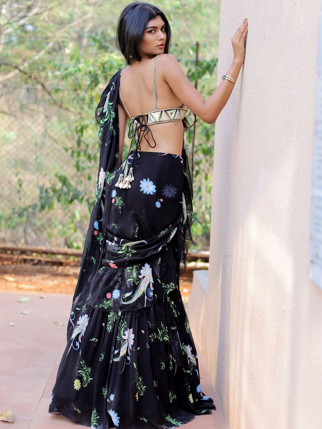 Black Printed Ruffle Saree Set