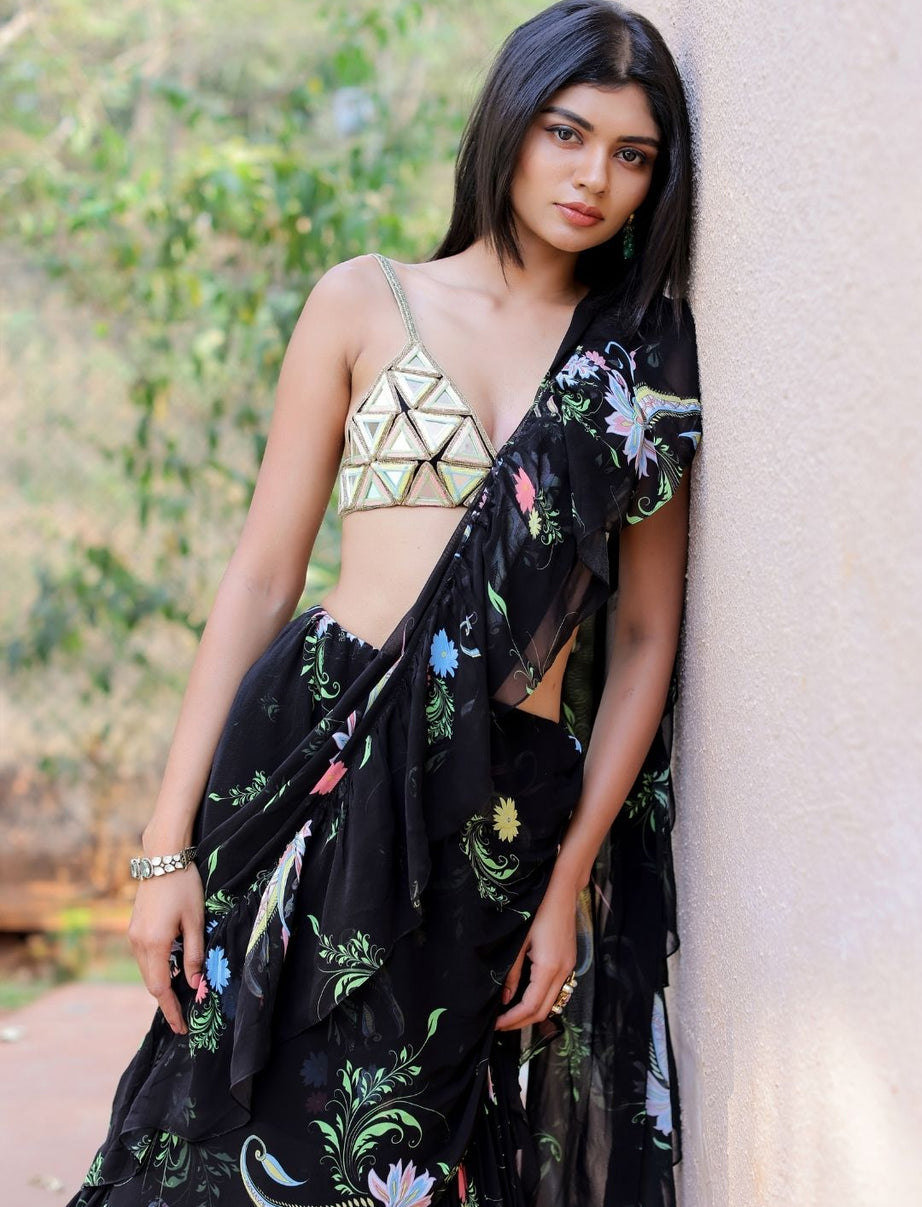 Black Printed Ruffle Saree Set