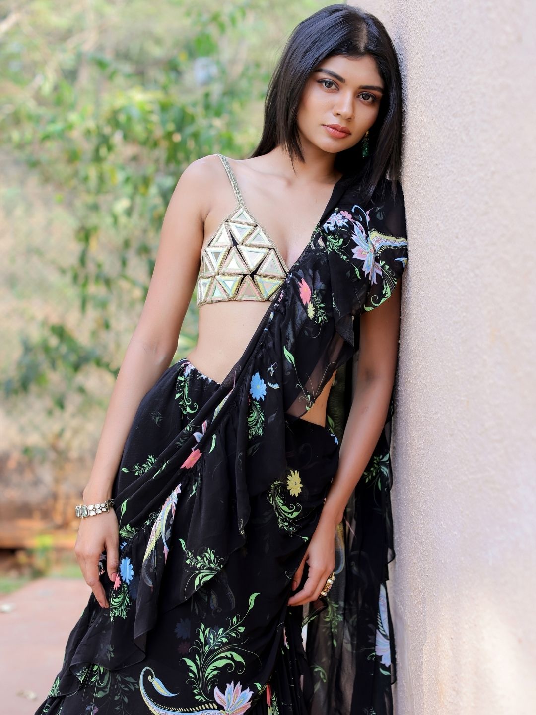 Black Printed Ruffle Saree Set