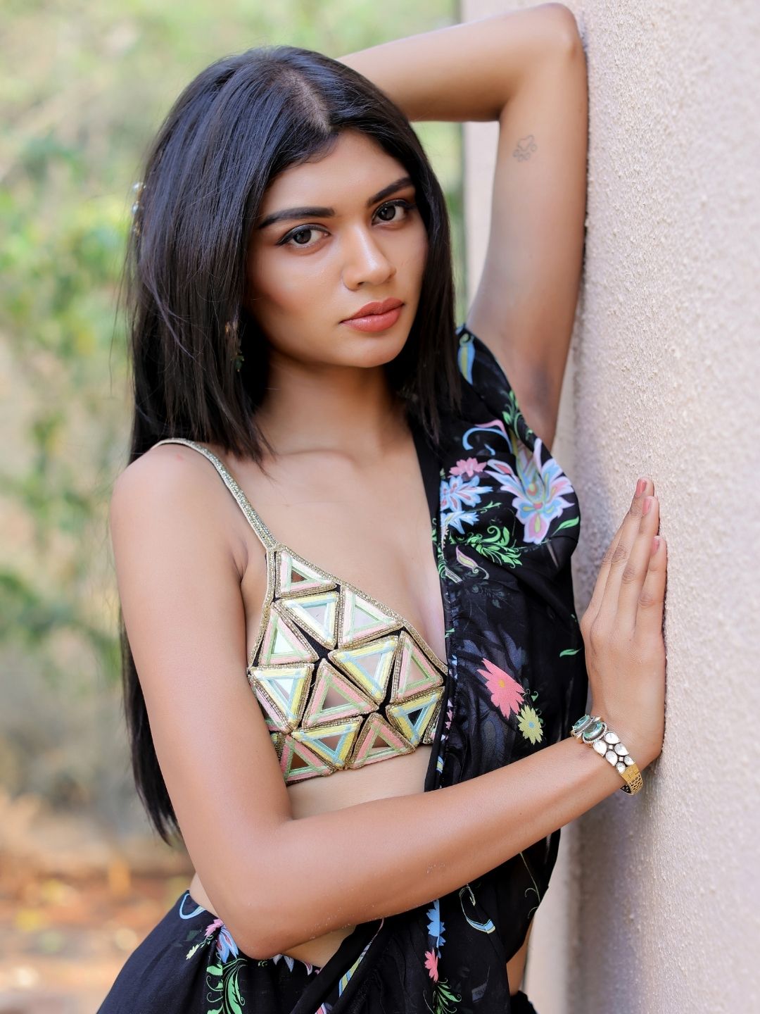 Black Printed Ruffle Saree Set