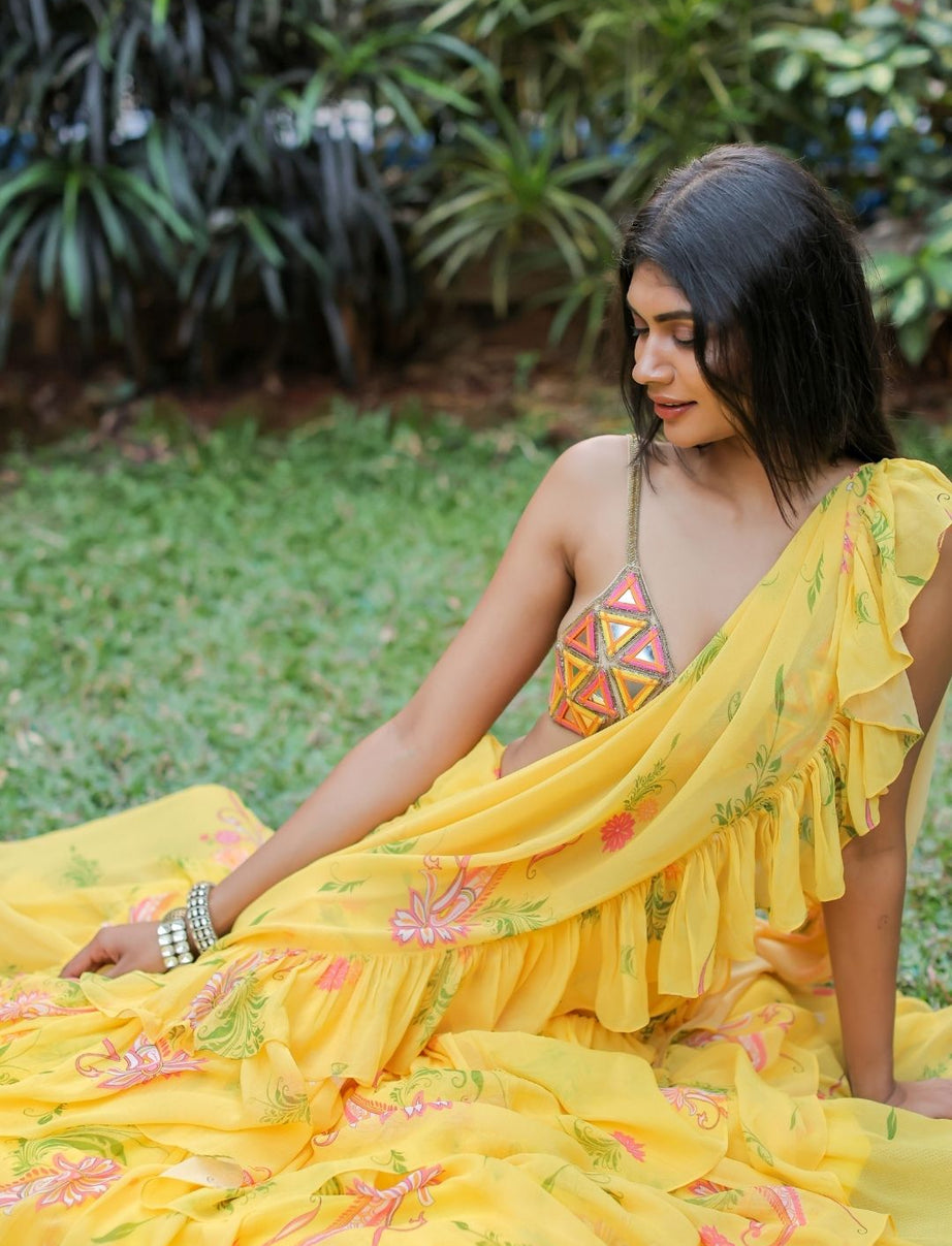 Yellow Printed Ruffle Saree Set