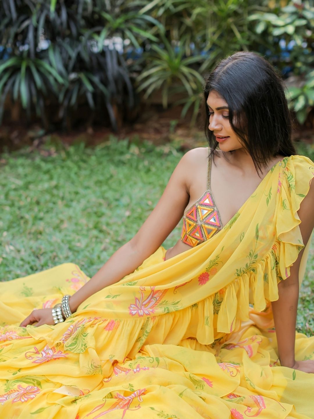 Yellow Printed Ruffle Saree Set