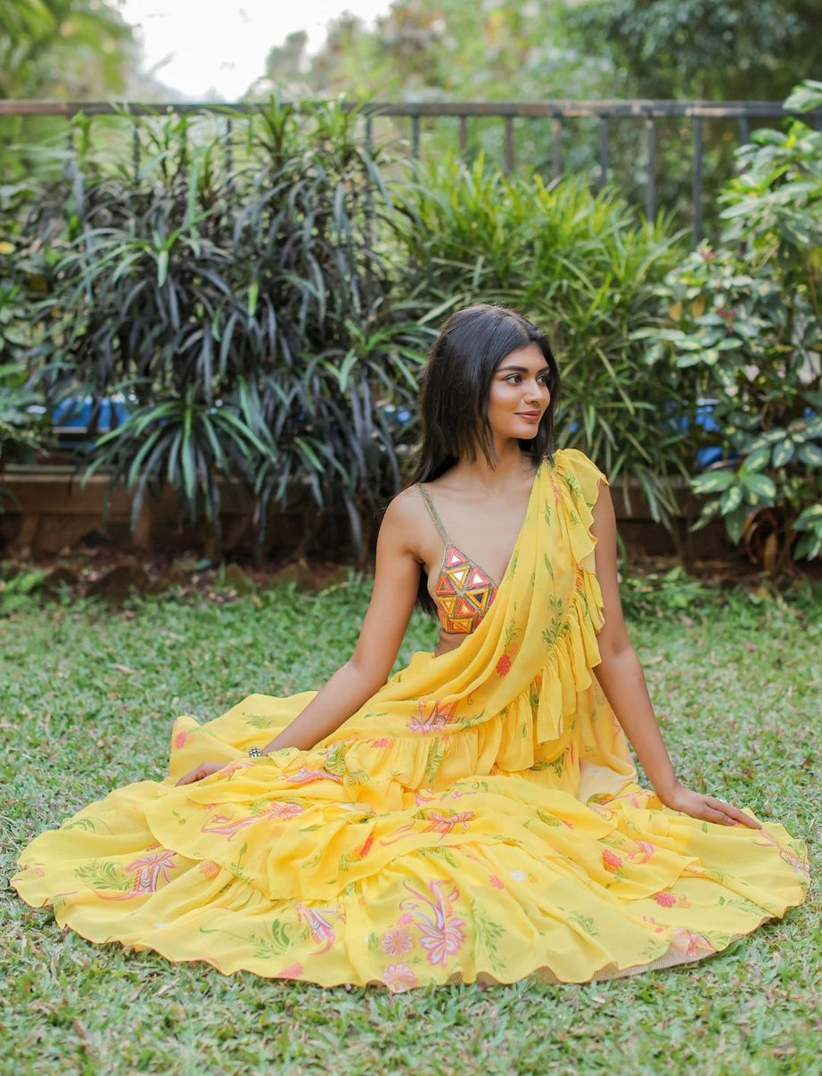 Yellow Printed Ruffle Saree Set