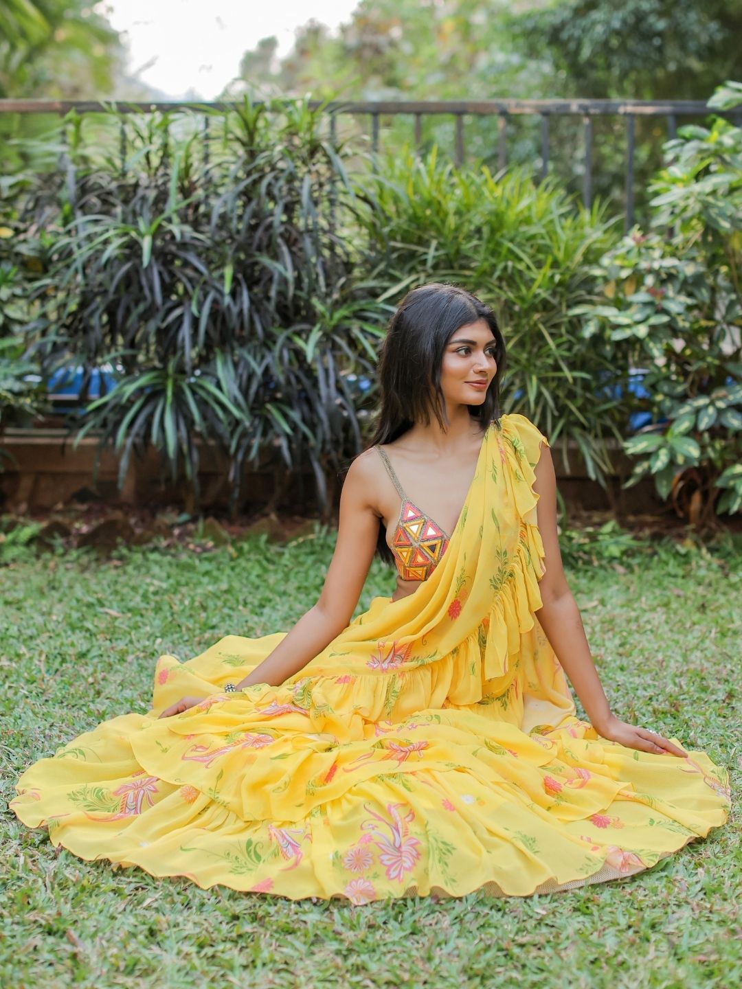 Yellow Printed Ruffle Saree Set