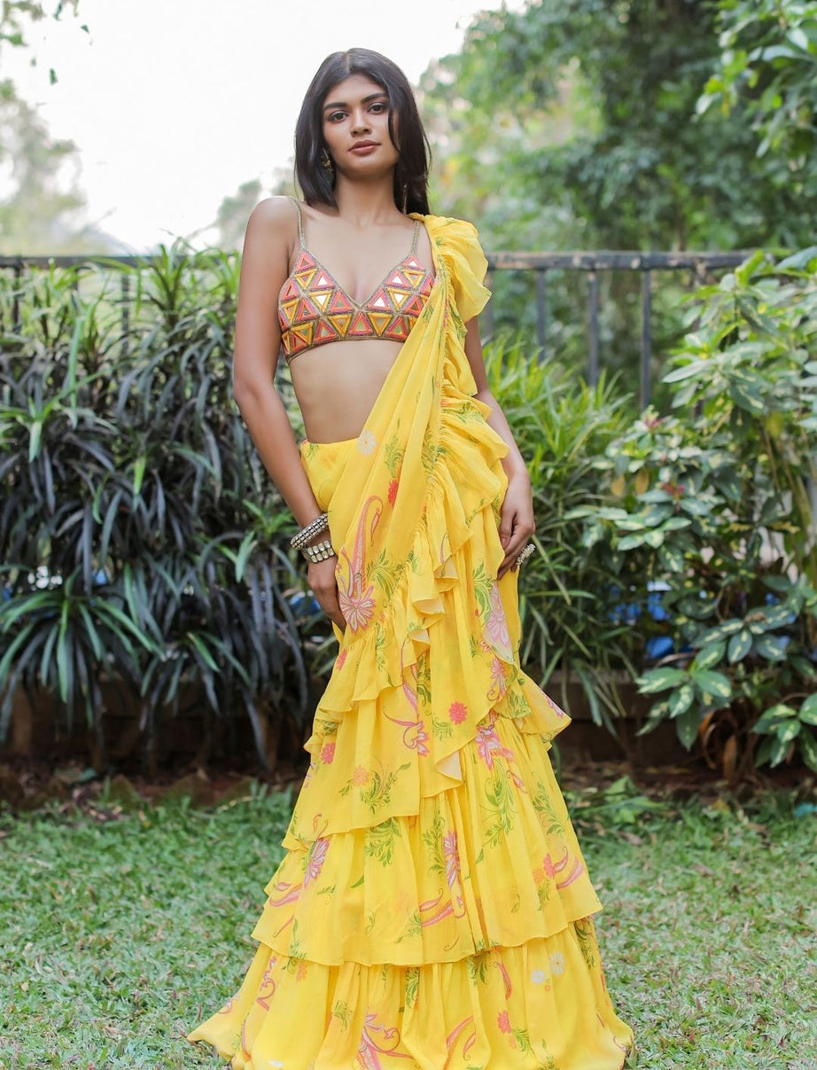 Yellow Printed Ruffle Saree Set