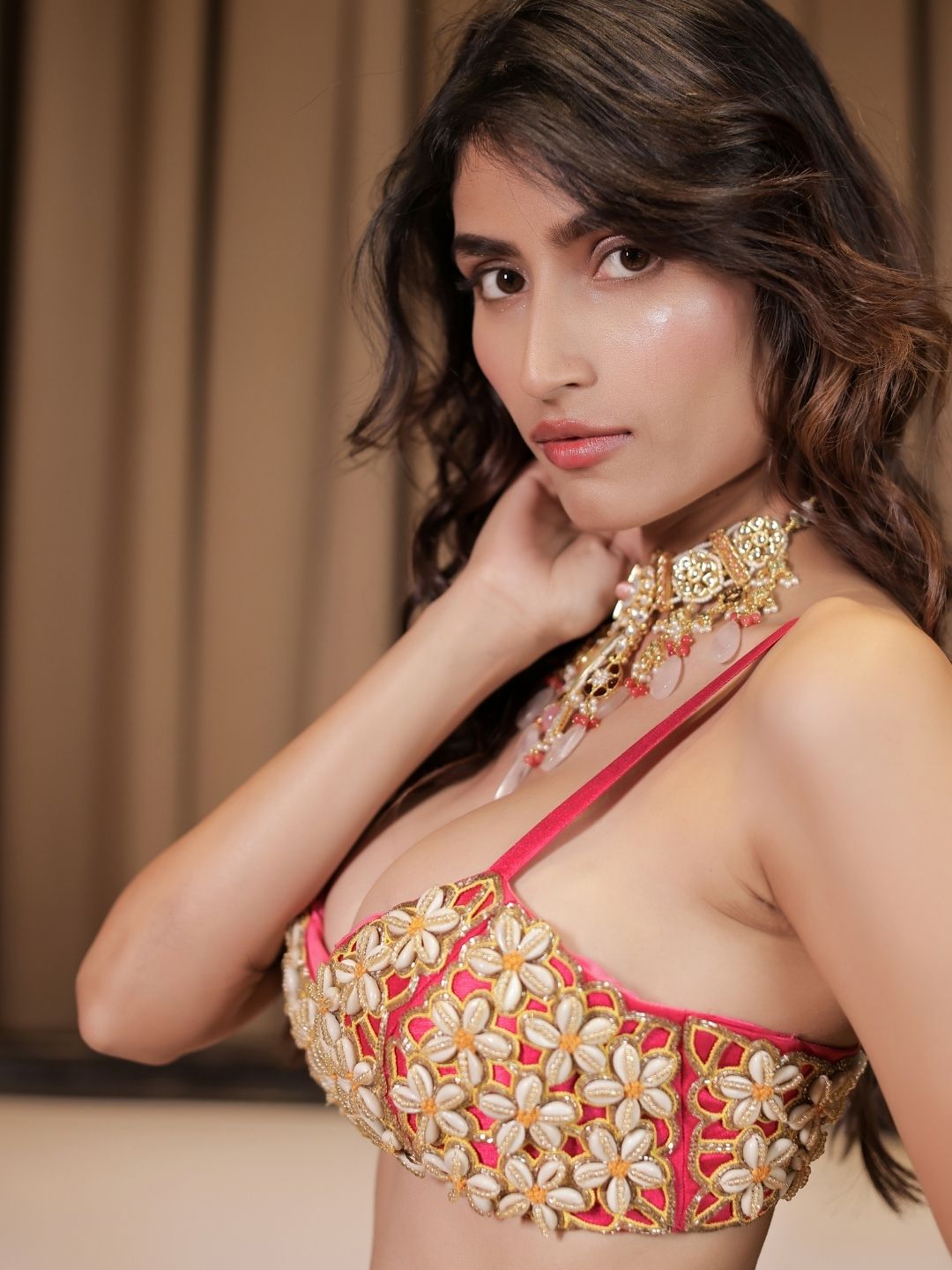 Pink Cowrie Embroidered Bralette Skirt Set