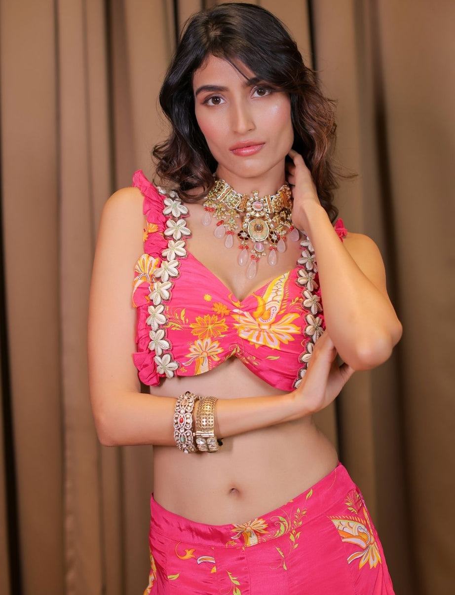 Embroidered Pink Printed Blouse and Pant Set