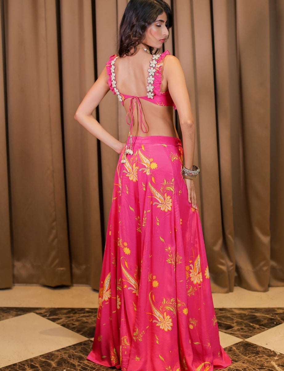 Embroidered Pink Printed Blouse and Pant Set