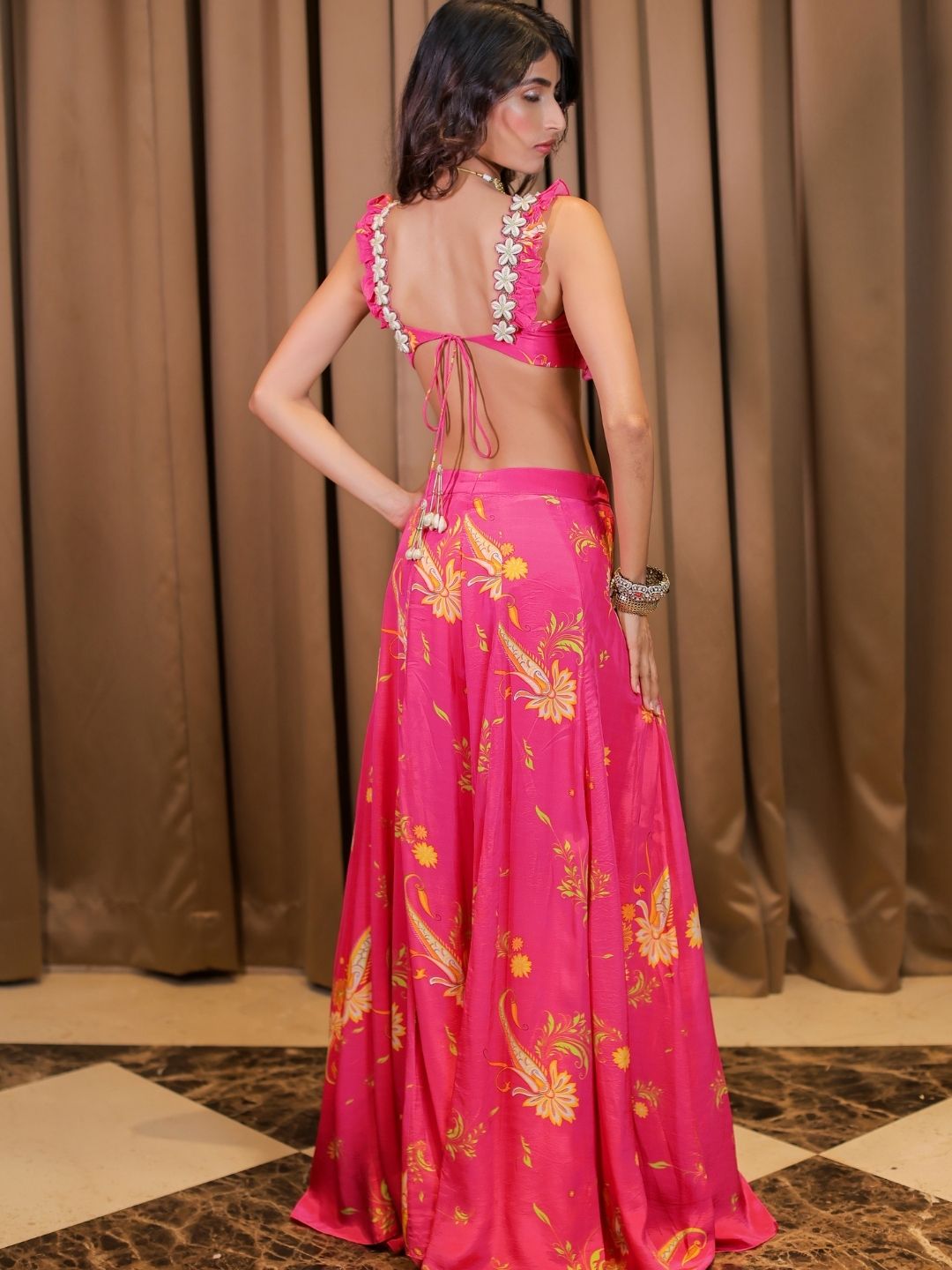 Embroidered Pink Printed Blouse and Pant Set