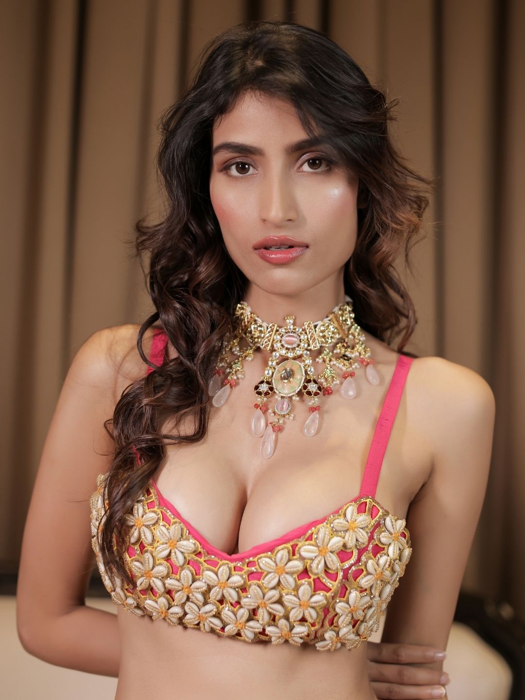 Pink Cowrie Embroidered Bralette Skirt Set