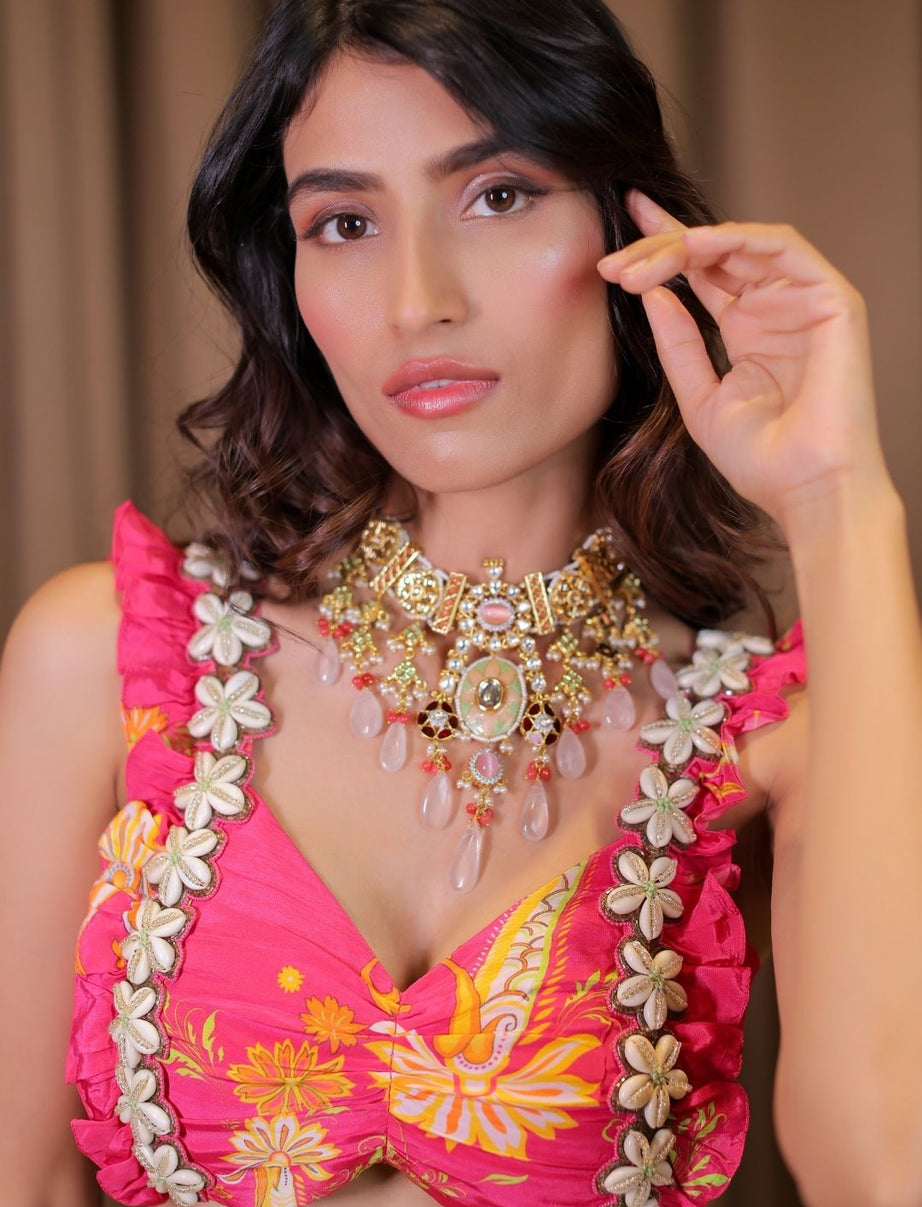 Embroidered Pink Printed Blouse and Pant Set