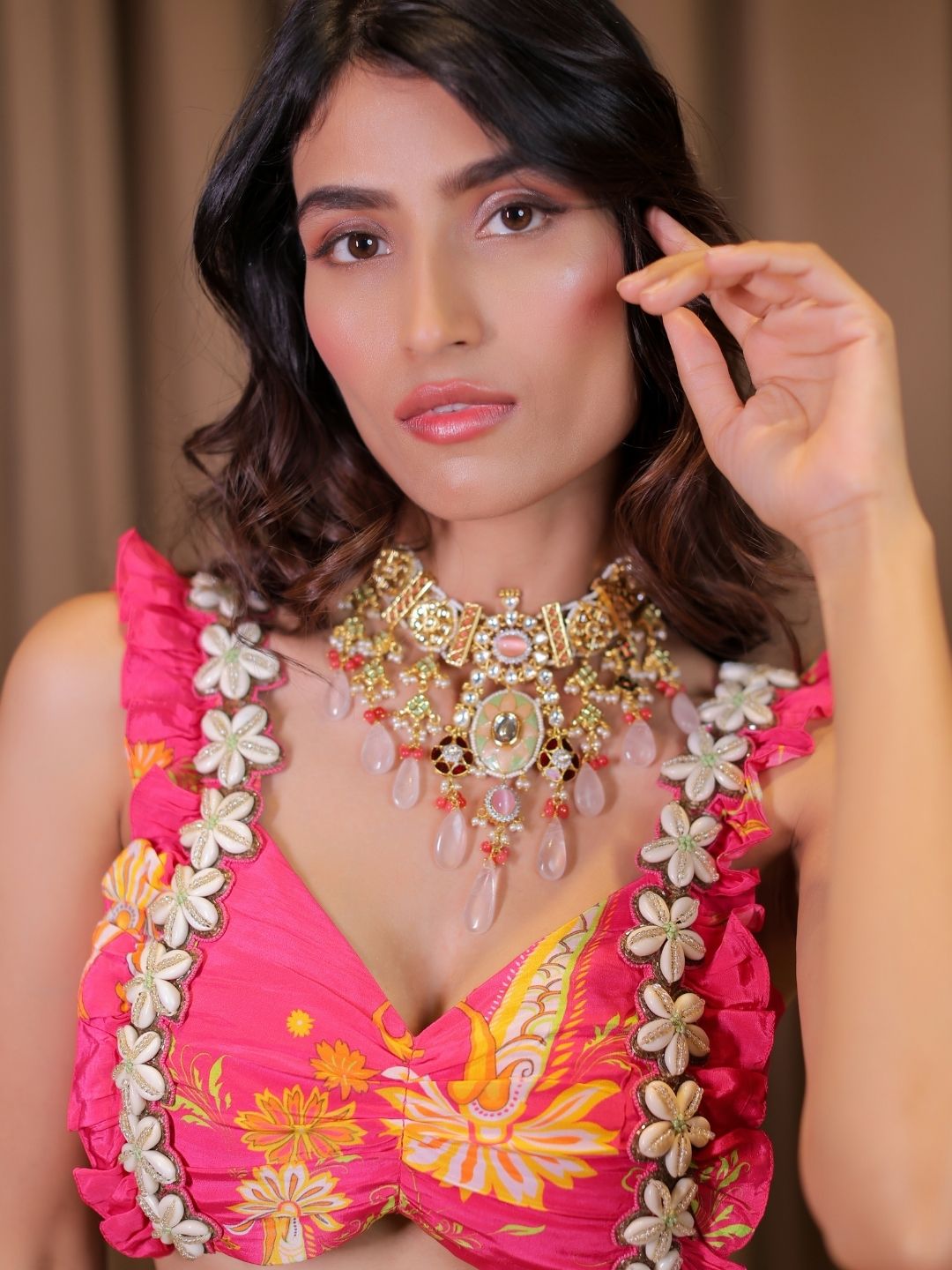Embroidered Pink Printed Blouse and Pant Set