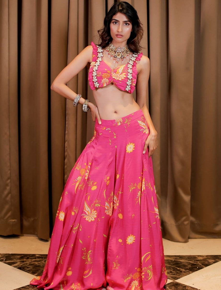 Embroidered Pink Printed Blouse and Pant Set (S)