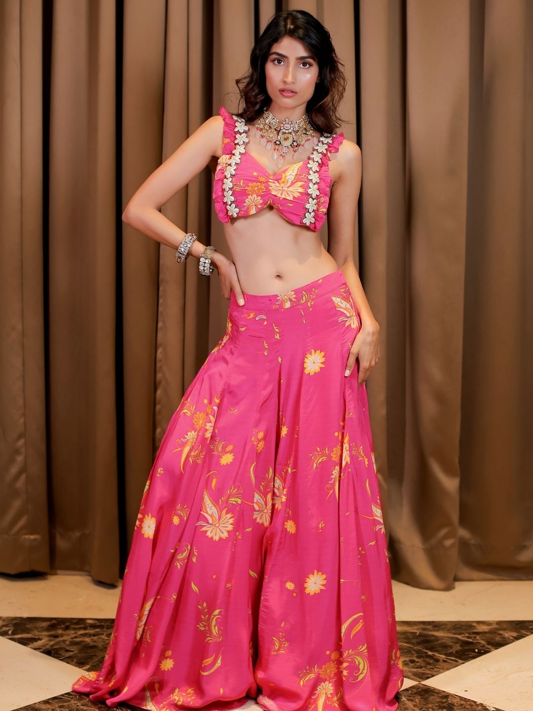 Embroidered Pink Printed Blouse and Pant Set