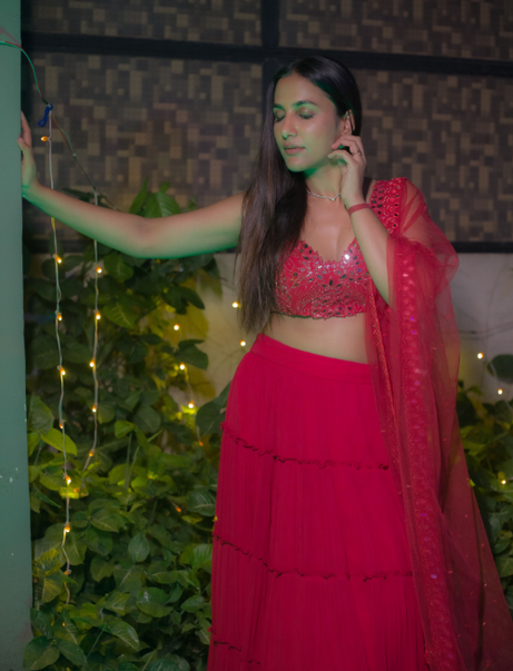 Red Tiered Mirror Work Lehenga Set