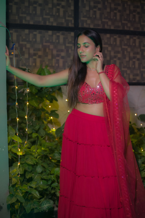 Red Tiered Mirror Work Lehenga Set