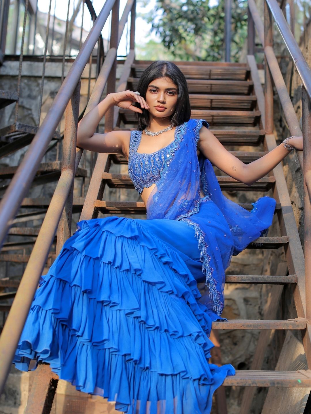Blue Mirror Embroidered Ruffle Saree Set