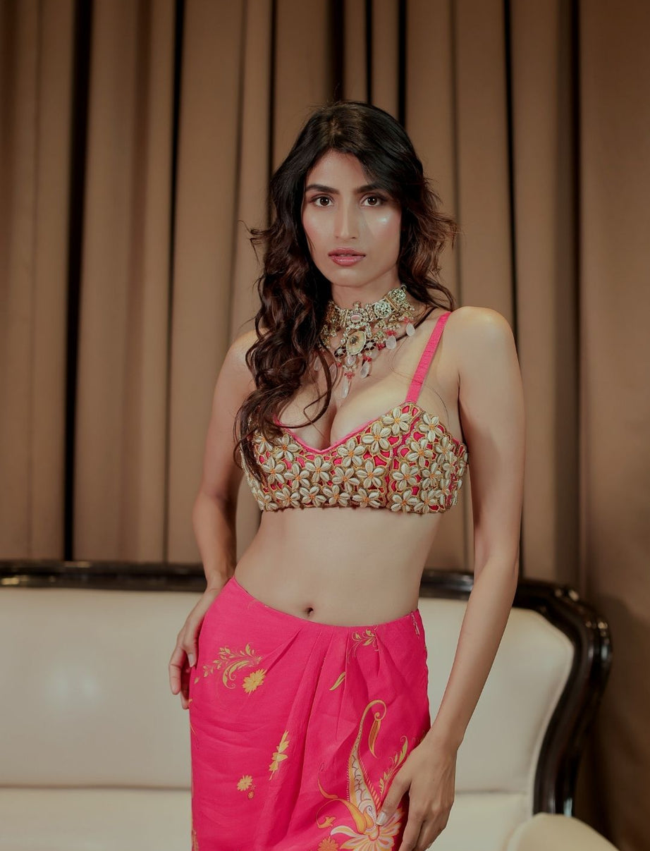 Pink Cowrie Embroidered Bralette Skirt Set