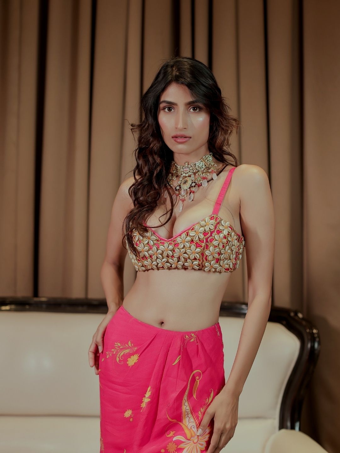 Pink Cowrie Embroidered Bralette Skirt Set