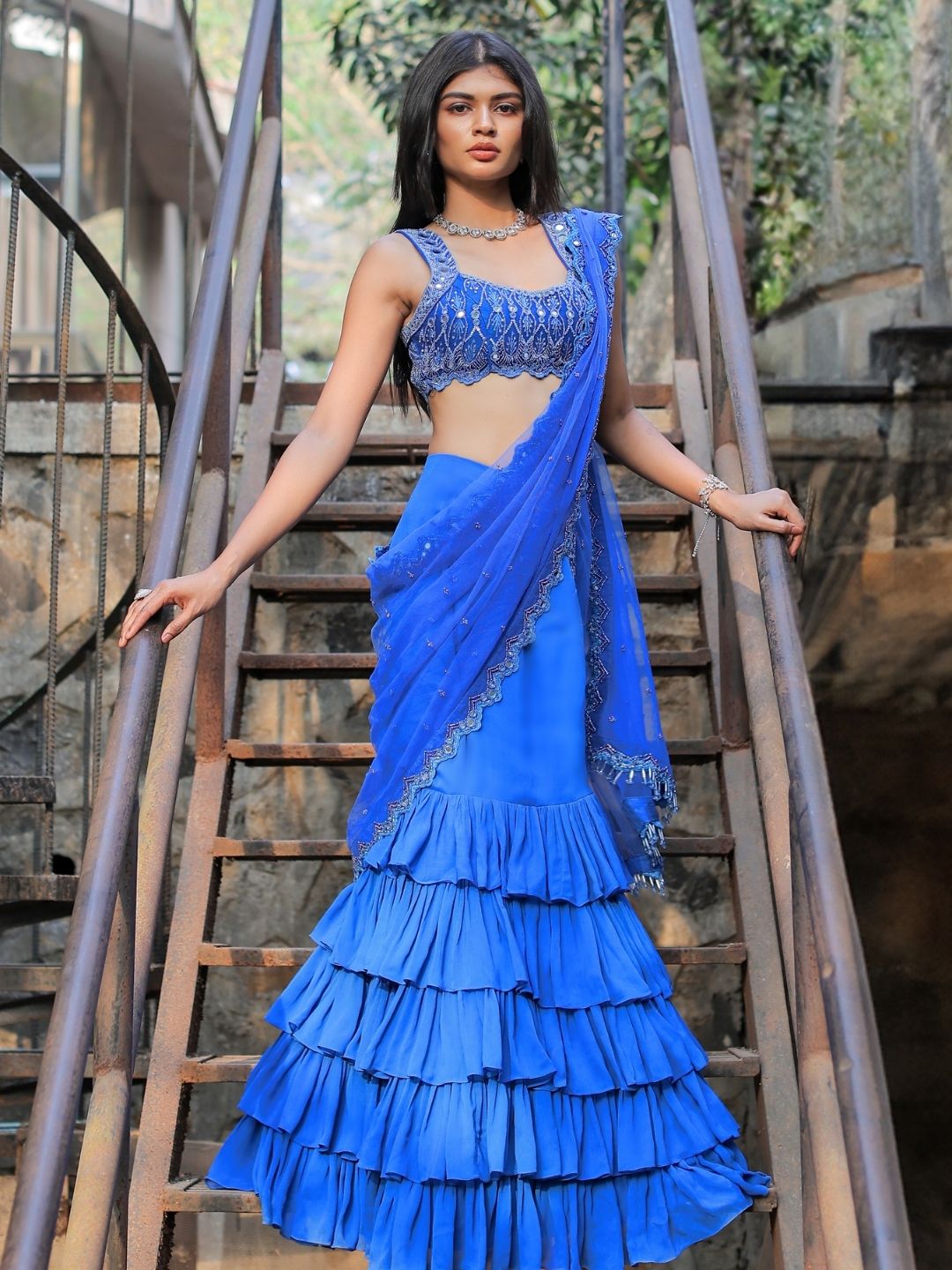 Blue Mirror Embroidered Ruffle Saree Set