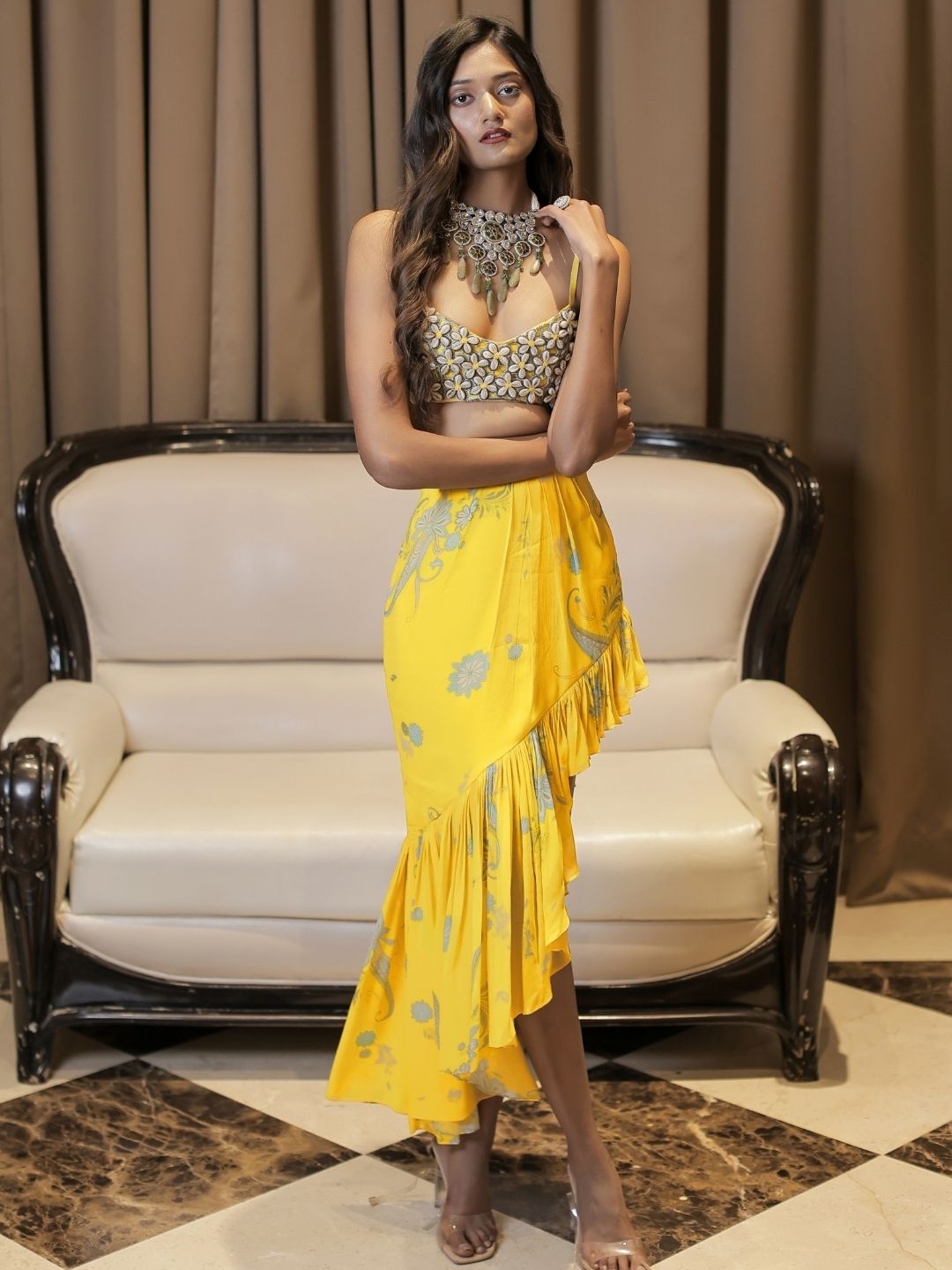 Yellow Cowrie Embroidered Bralette Skirt Set