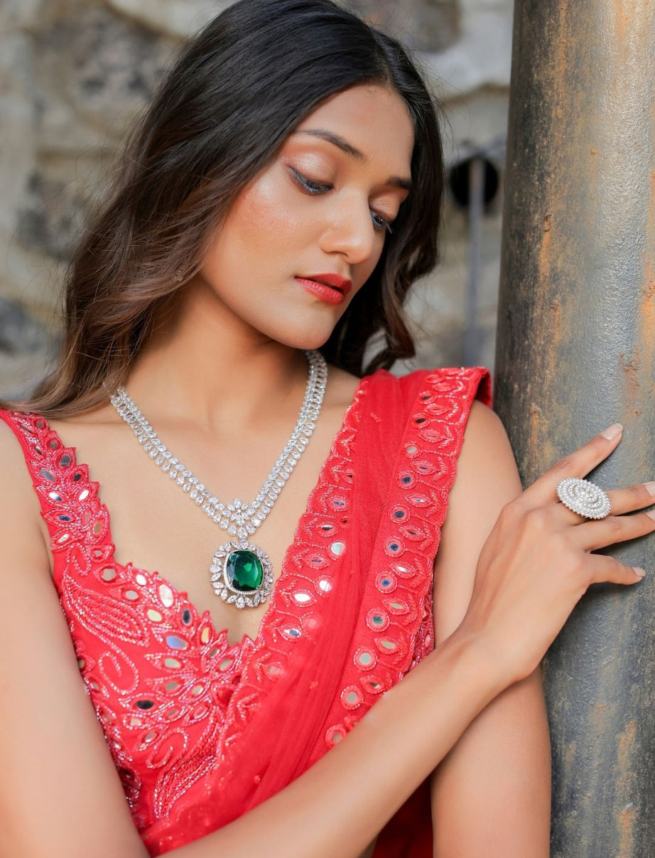 Red Mirror Embroidered Ruffle Saree Set