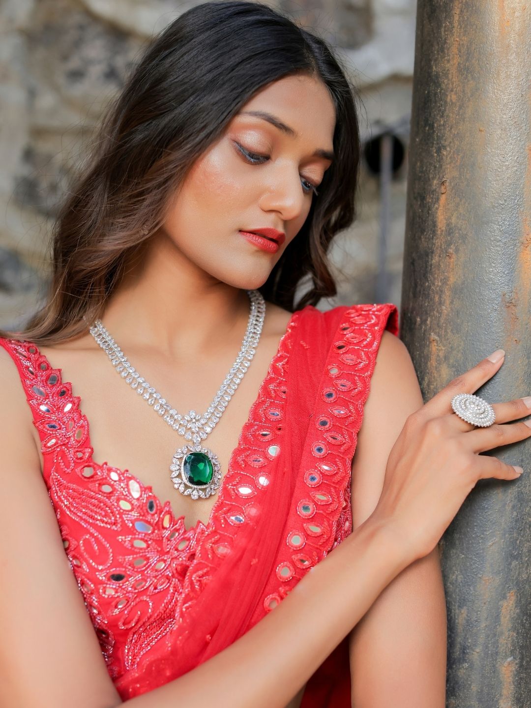 Red Mirror Embroidered Ruffle Saree Set