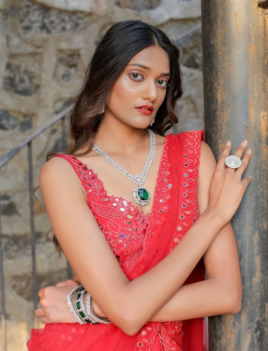 Red Mirror Embroidered Ruffle Saree Set