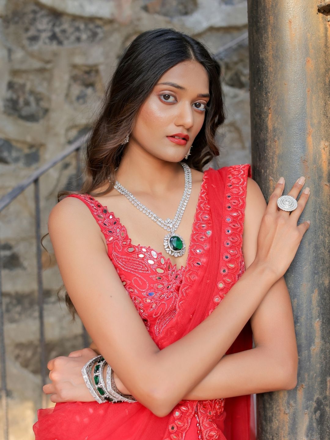 Red Mirror Embroidered Ruffle Saree Set