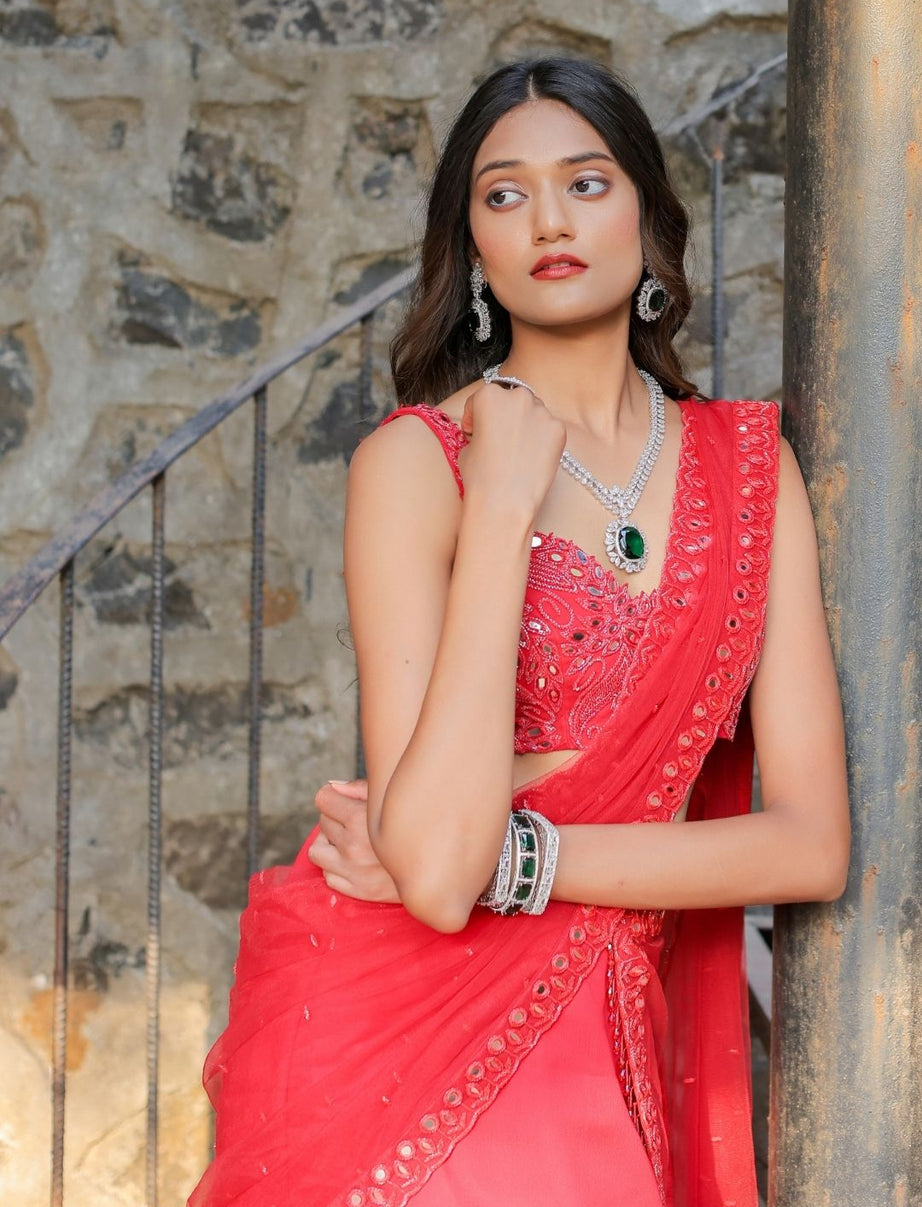 Red Mirror Embroidered Ruffle Saree Set