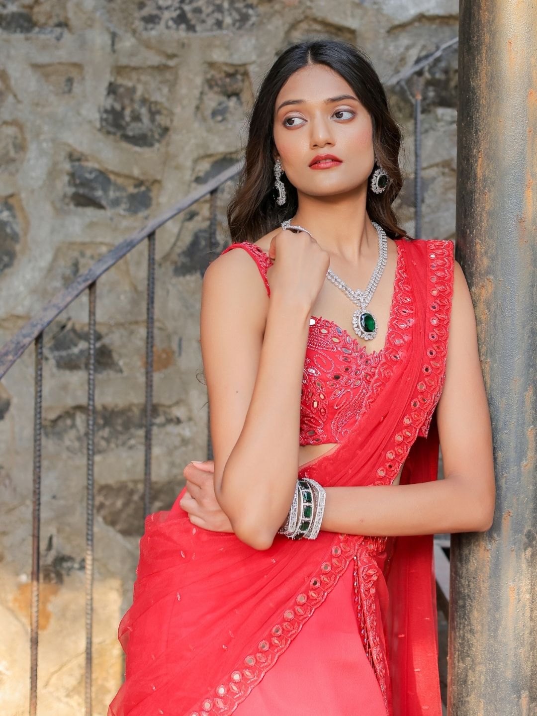 Red Mirror Embroidered Ruffle Saree Set