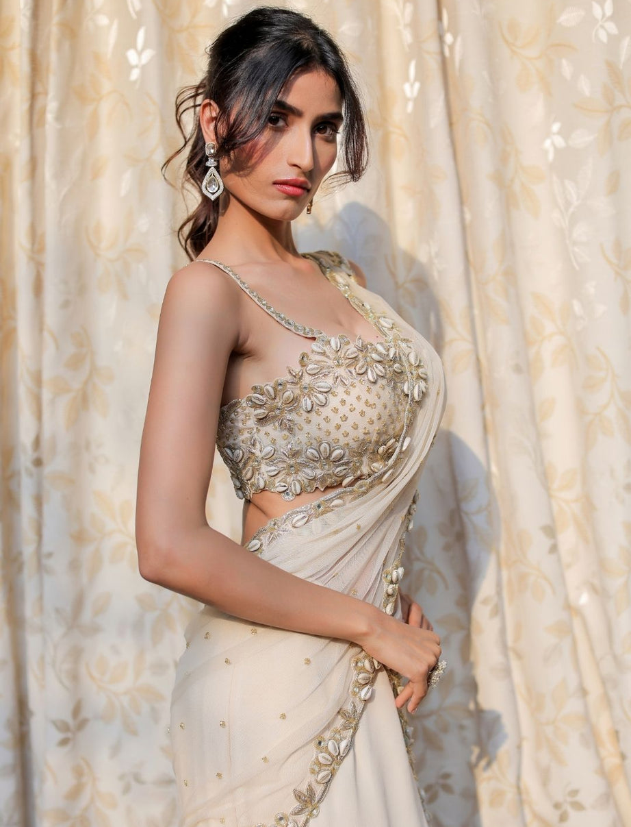 Cream and Gold Embroidered Ruffle Saree Set