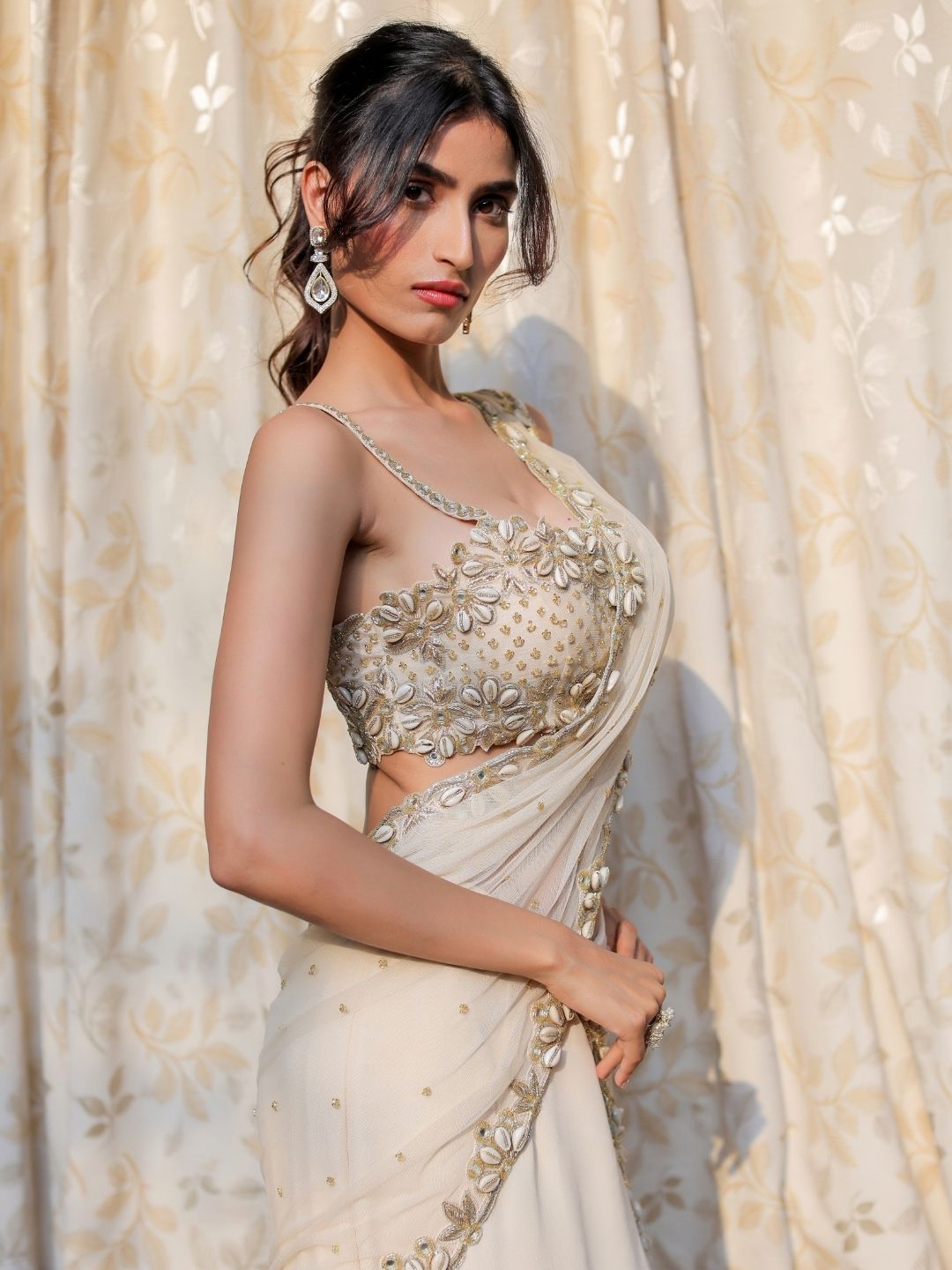 Cream and Gold Embroidered Ruffle Saree Set