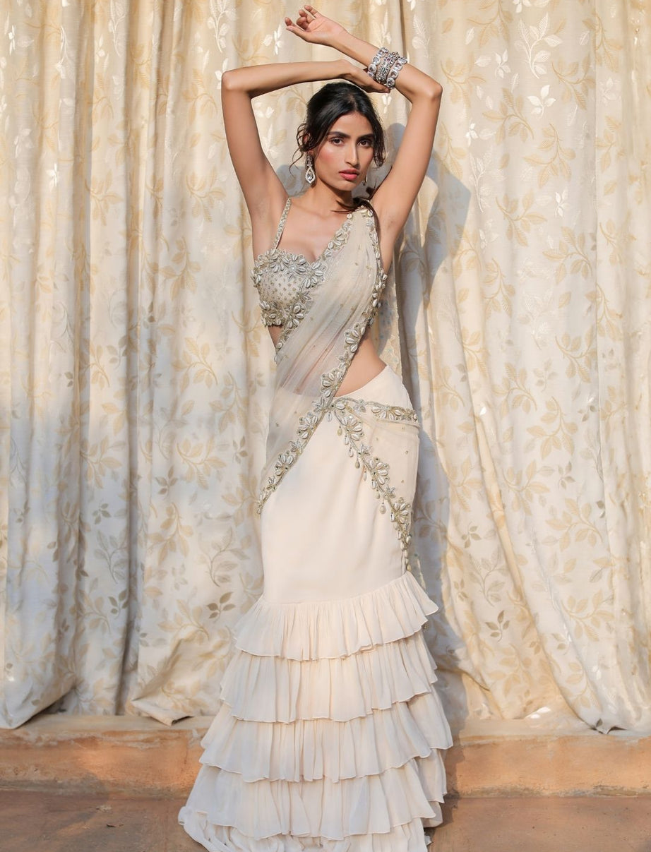 Cream and Gold Embroidered Ruffle Saree Set