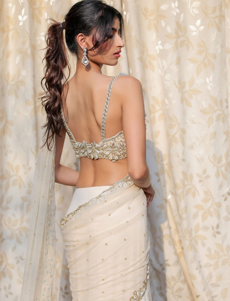 Cream and Gold Embroidered Ruffle Saree Set