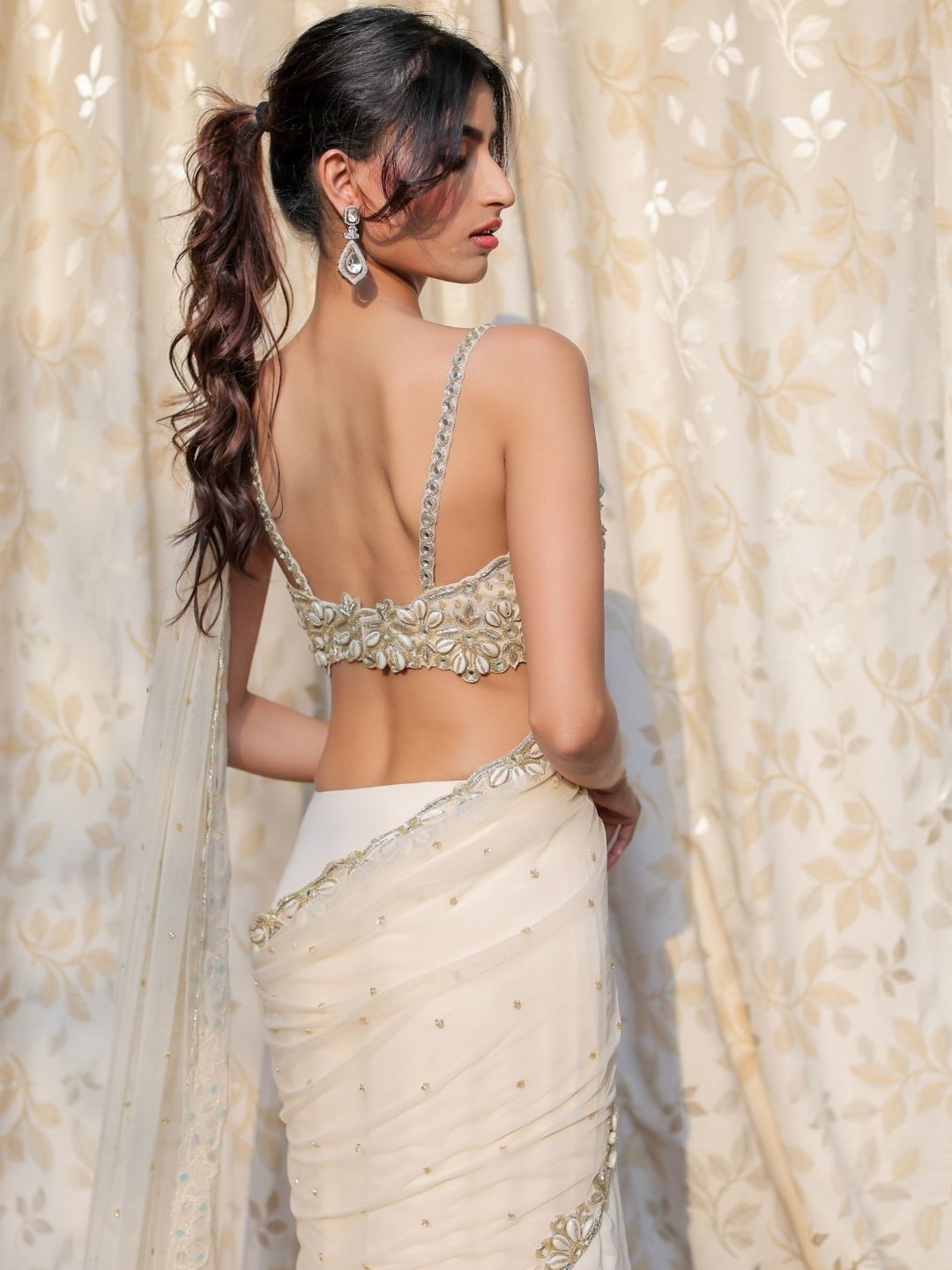 Cream and Gold Embroidered Ruffle Saree Set