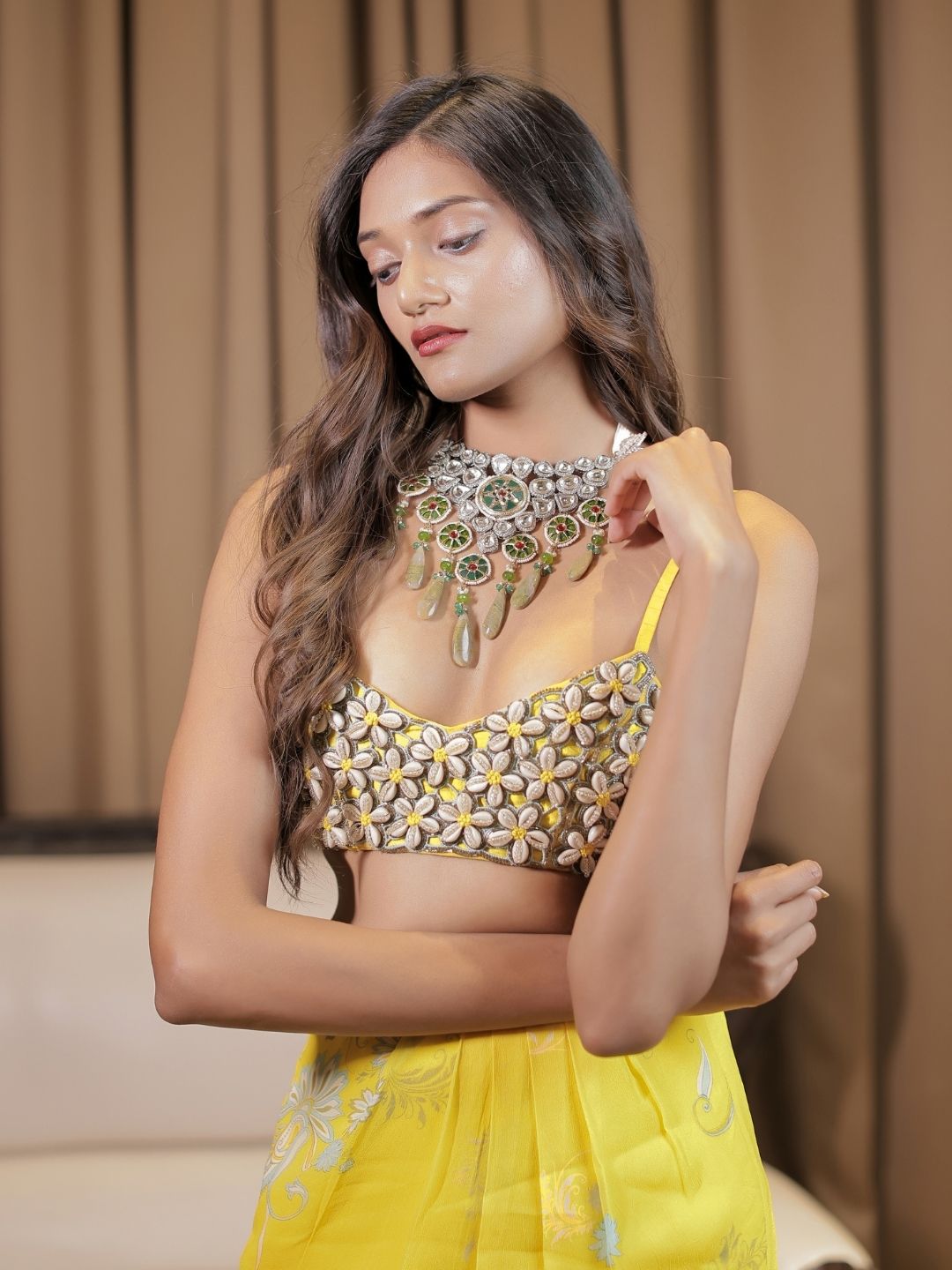 Yellow Cowrie Embroidered Bralette Skirt Set