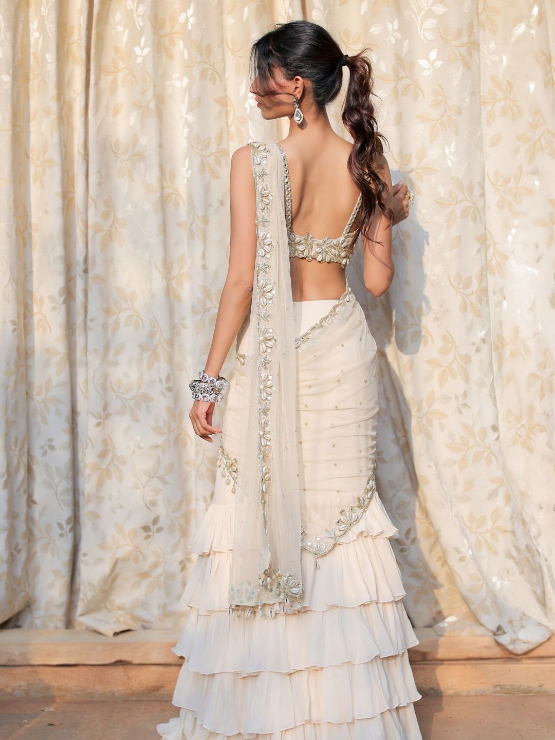Cream and Gold Embroidered Ruffle Saree Set