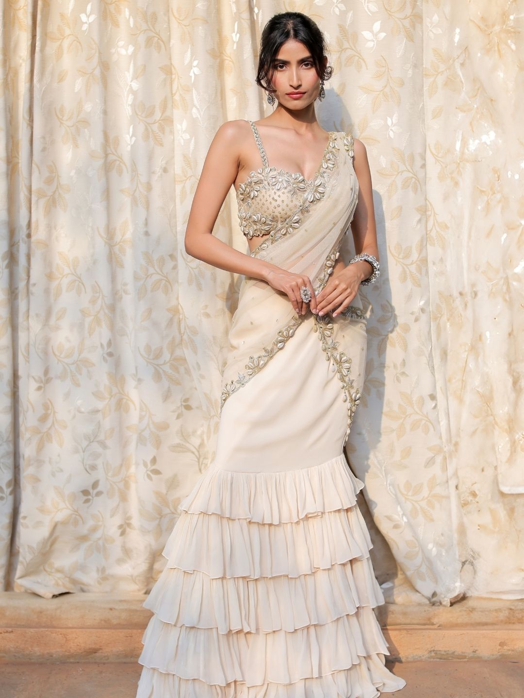 Cream and Gold Embroidered Ruffle Saree Set