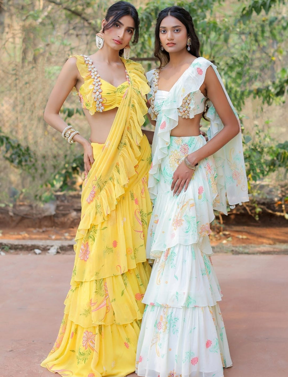 White printed Ruffle Saree Set