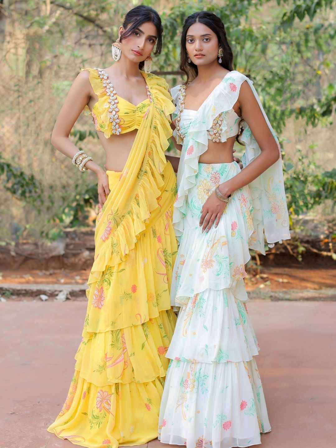 White printed Ruffle Saree Set