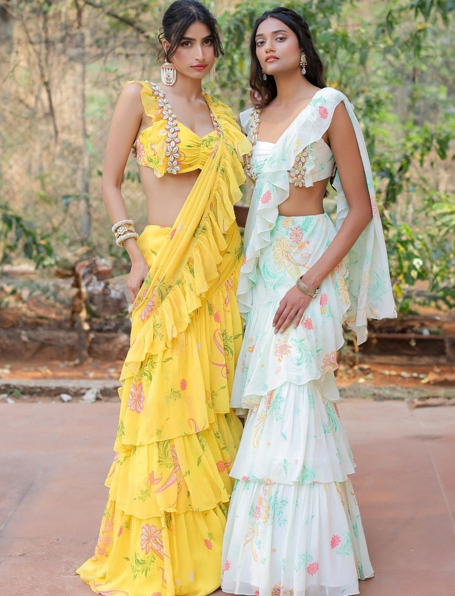 White printed Ruffle Saree Set