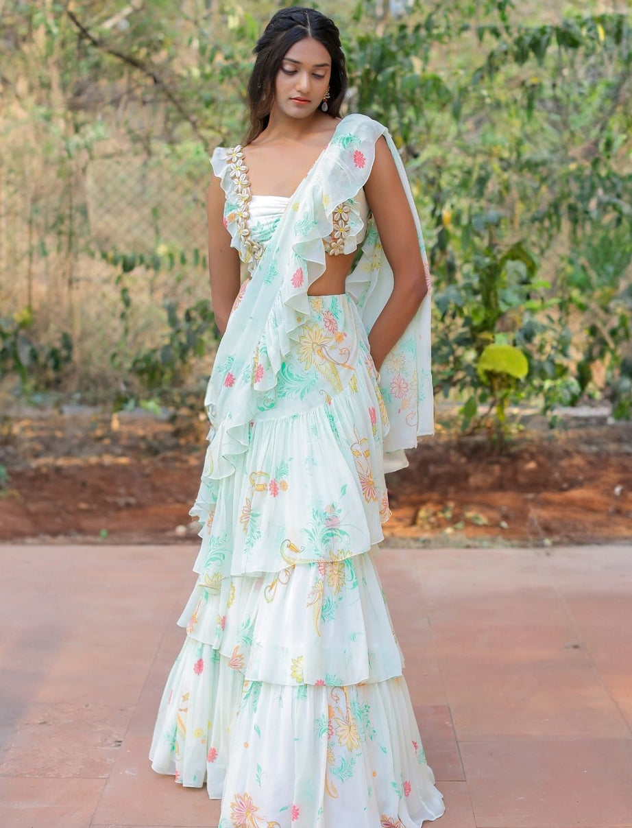 White printed Ruffle Saree Set