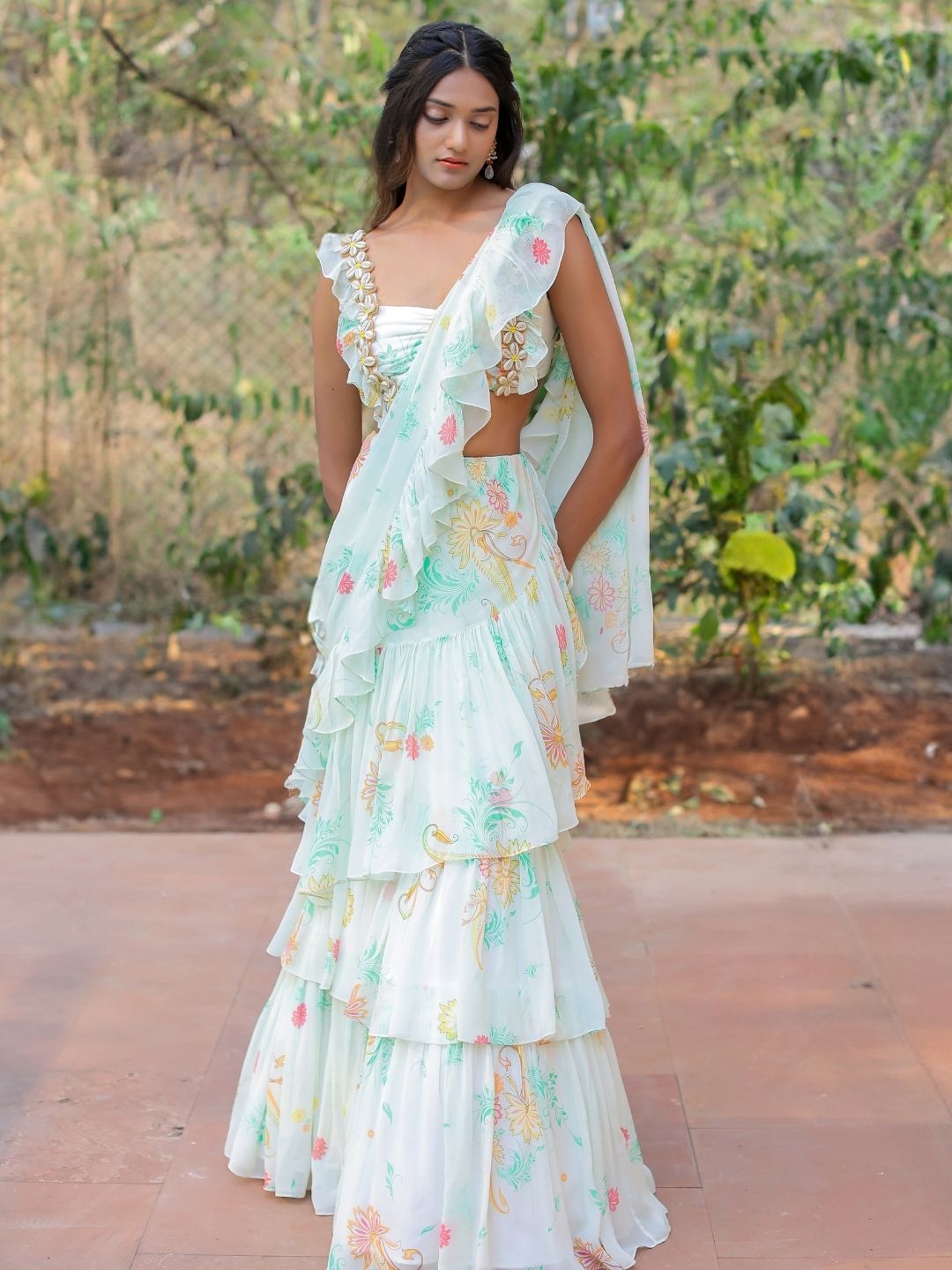 White printed Ruffle Saree Set